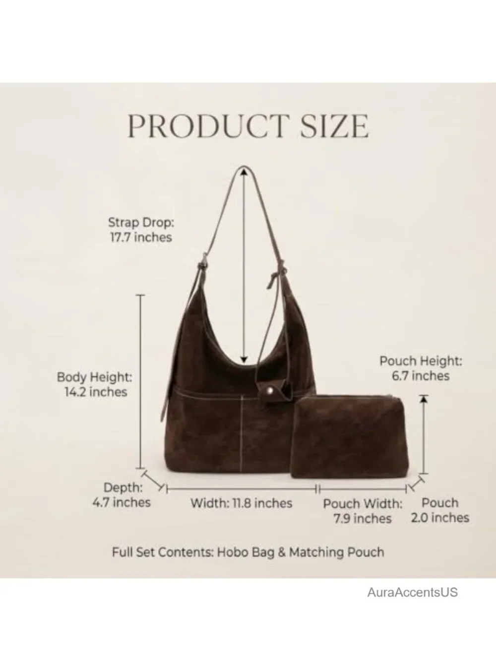 Faux Suede Hobo Bag Adjustable Shoulder Crossbody Purse with Pouch